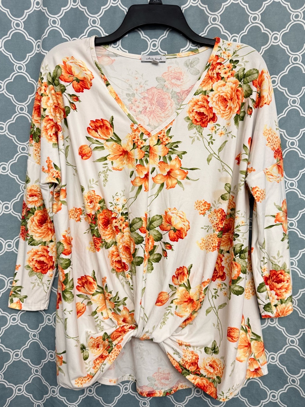 white birch Orange Floral Twist-Front V-Neck Long Sleeve Top